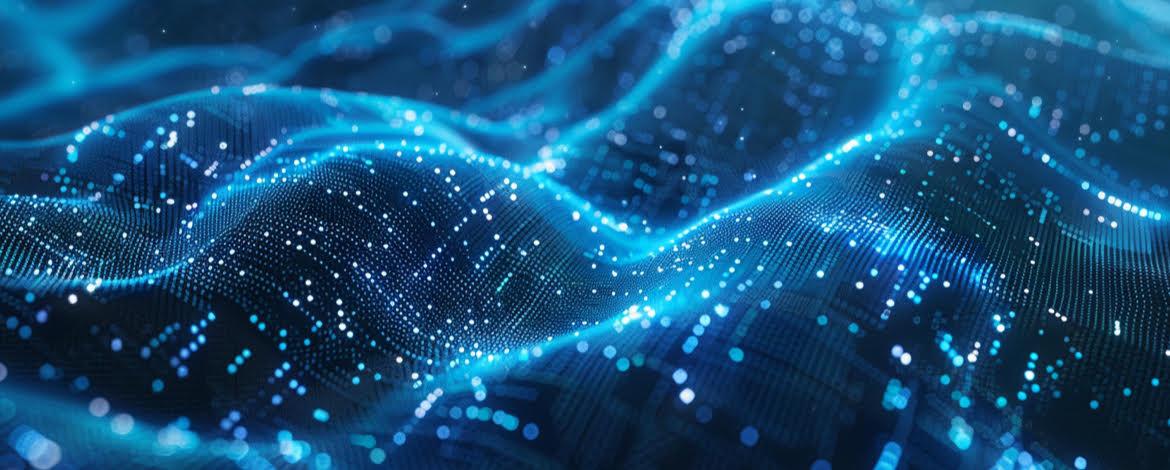 Abstract digital wave of blue lights symbolizing innovation, data intelligence, and advanced technology by RCS for Milipol Paris 2025.